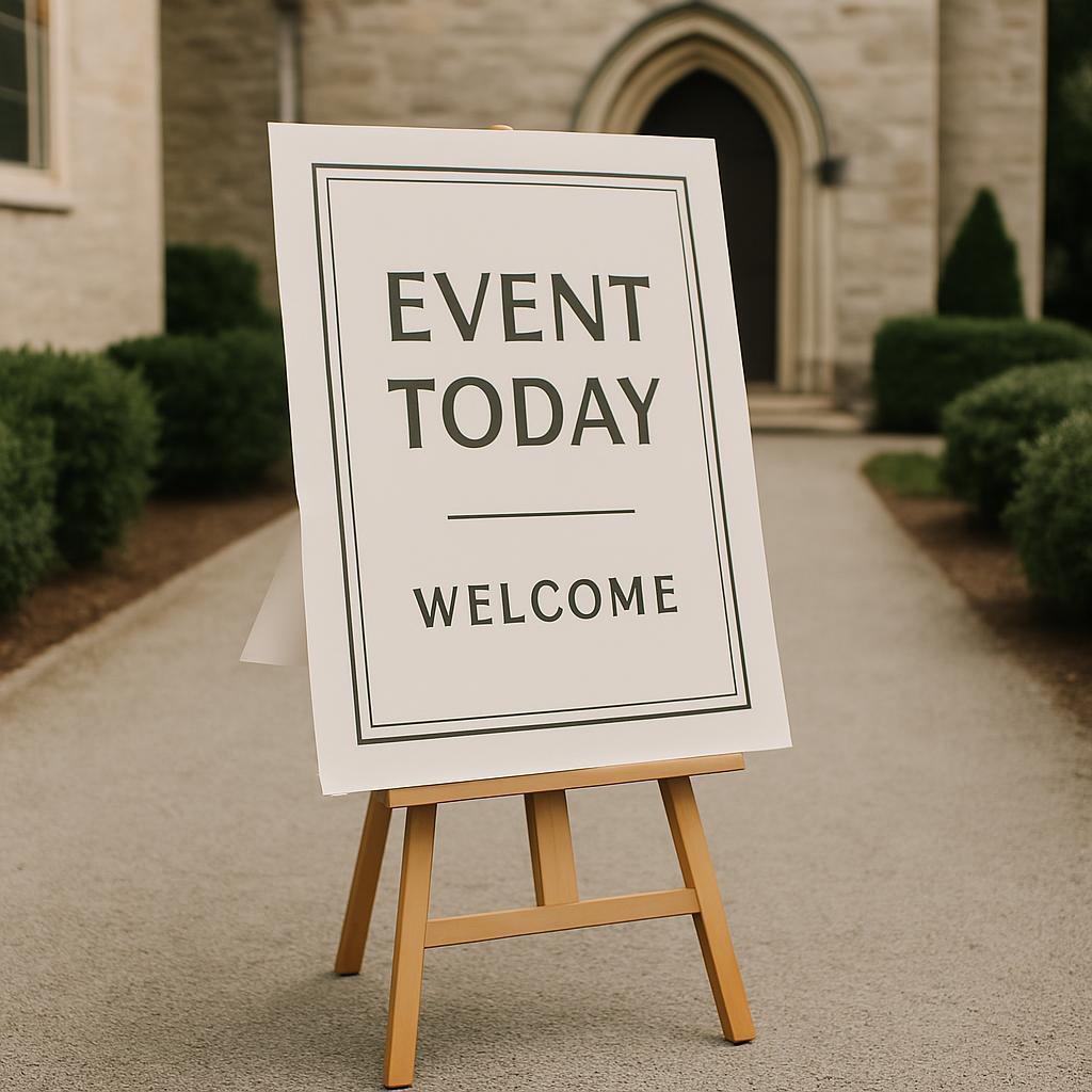 Another large sign with the same color and styling is visible in the background.