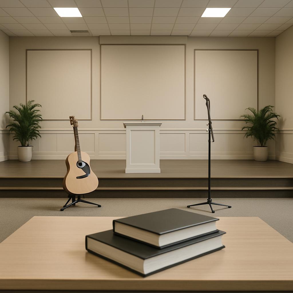 An empty stage with a podium, guitar, microphone, and books.