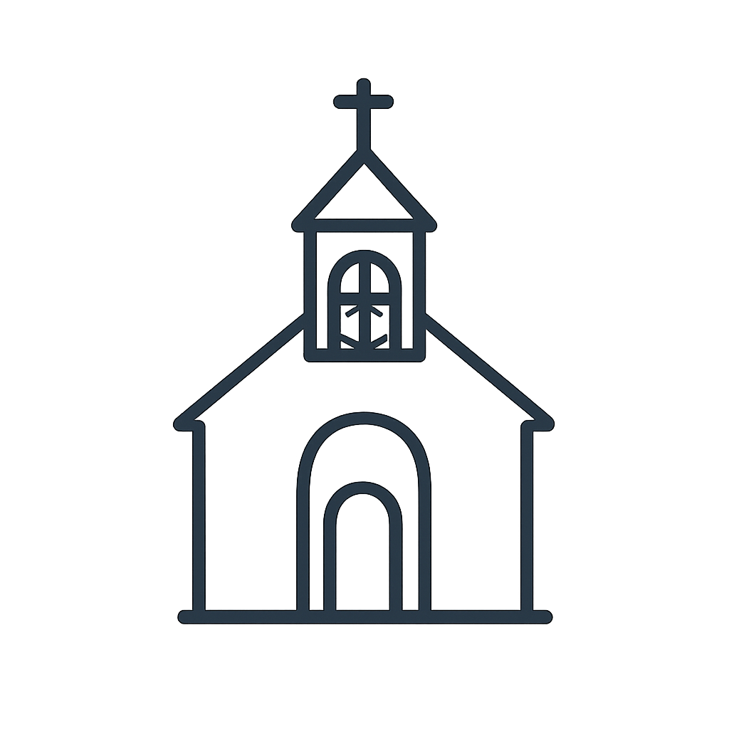 simple line illustration of a church with a tower and cross, and arched doorway.